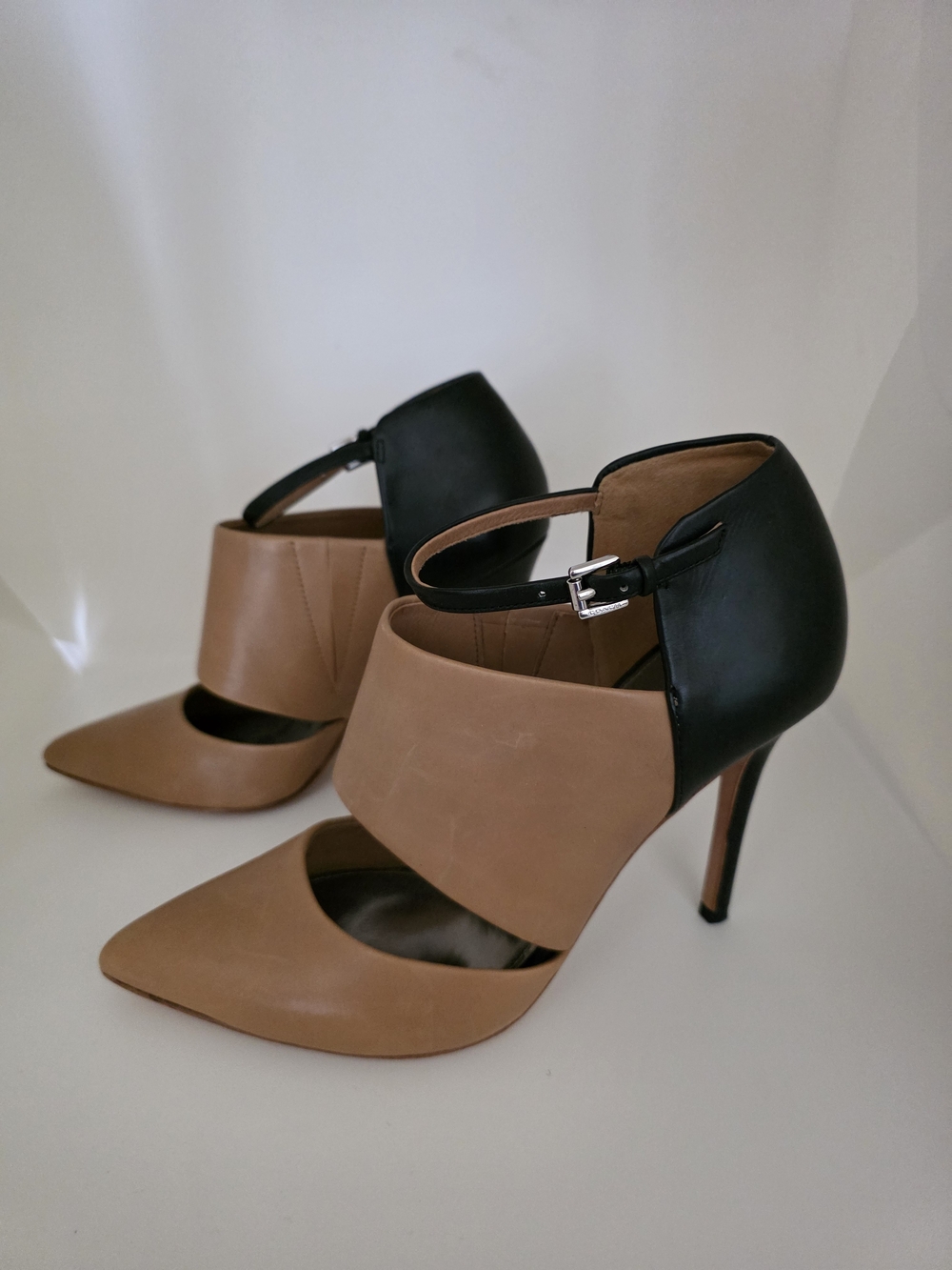 Coach Two-Tone Tan and Black Pointed Strap Heels - Picture 2 of 6